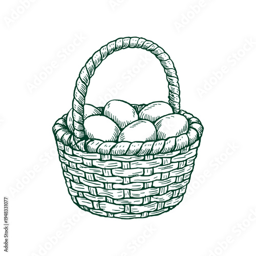 Farmhouse Wicker Basket Filled with Eggs Vintage Line Illustration