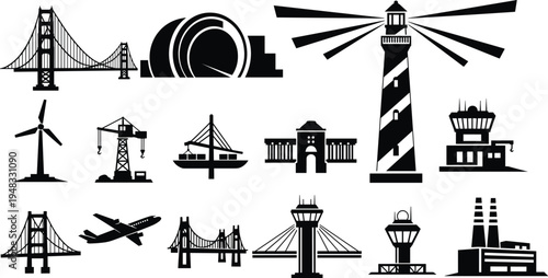 Infrastructure and transportation silhouette icon set with bridges, lighthouse, wind turbine, crane, airport tower, airplane and industrial factory, engineering landmark vector illustration collection
