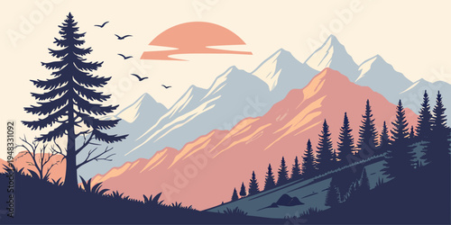 sunset over mountain range with trees and birds Vector