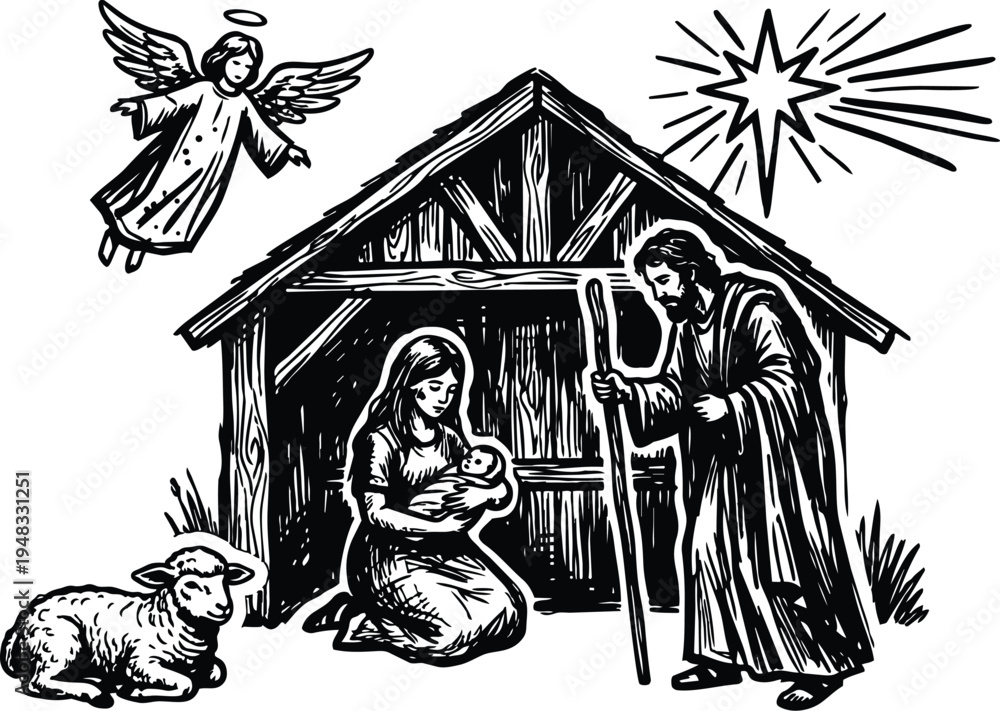Obraz premium Woodcut style close up nativity scene with mary holding baby jesus joseph standing with staff by stable under star angel