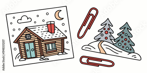 a house and trees in a snowy scene with paper clips Vector