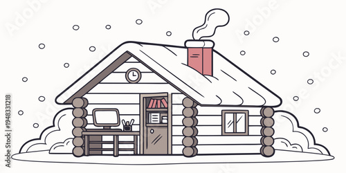 a small log cabin with a snow covered roof Vector