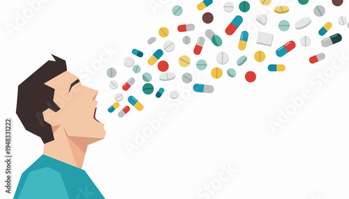 Person with open mouth expelling a torrent of colorful pills, illustrating critical issues like overmedication, drug addiction, pharmaceutical dependency, and societal health concerns