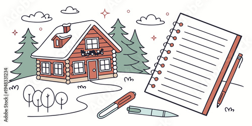 a house with snow on the roof and a notebook Vector