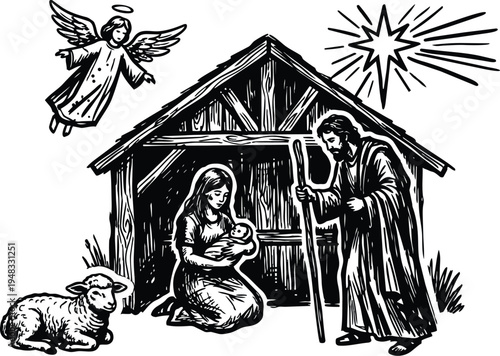 Woodcut style close up nativity scene with mary holding baby jesus joseph standing with staff by stable under star angel
