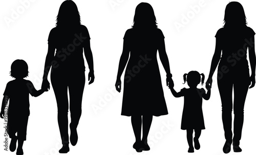 Mother walking with children silhouette set, family parent holding kids hands illustration representing motherhood, parenting, childcare, love and family relationship concept vector