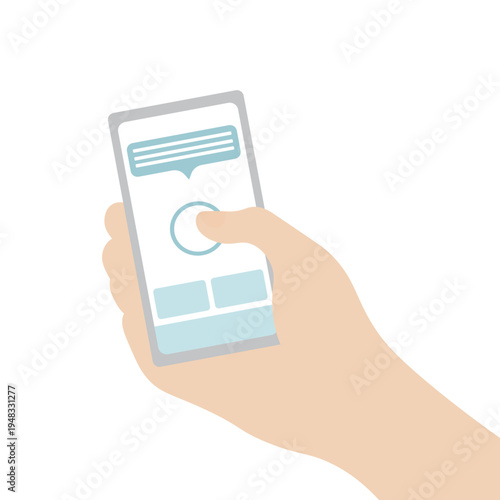 Hand holding a phone in cartoon style, isolate on white background, flat style, mobile app