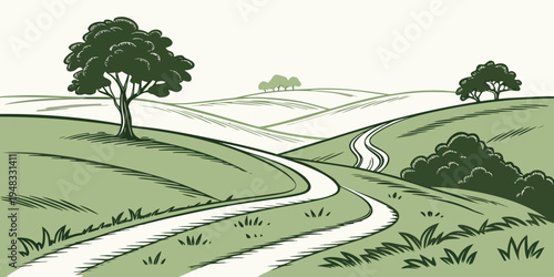 a winding road through a green landscape with trees Vector