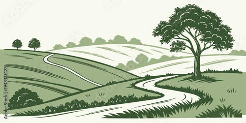 a tree on a grassy hill by a winding stream Vector