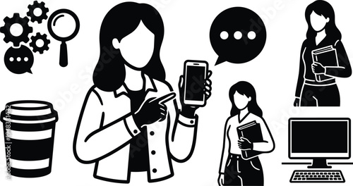 Flat design close up woman pointing at smartphone holding book beside coffee cup computer gears and chat icons low angle