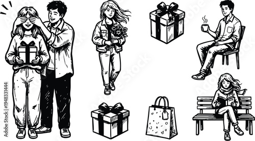 Line art couple surprise with gift man covering eyes woman holding box and walking woman with flowers coffee bench sketch