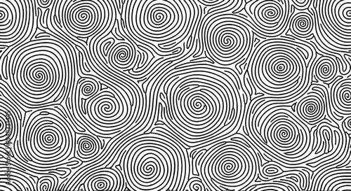 Intricate black and white abstract pattern featuring numerous tightly packed concentric spirals and swirling lines, creating a dynamic and mesmerizing visual texture.