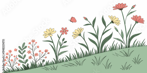 a group of flowers on a grassy hill Vector