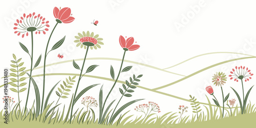 a group of flowers and grass on a hillside Vector