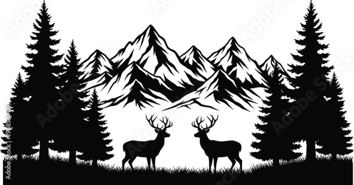 Mountain landscape silhouette with majestic deer and pine trees forest in wild nature scene for outdoor adventure and wilderness exploration themed graphic design.