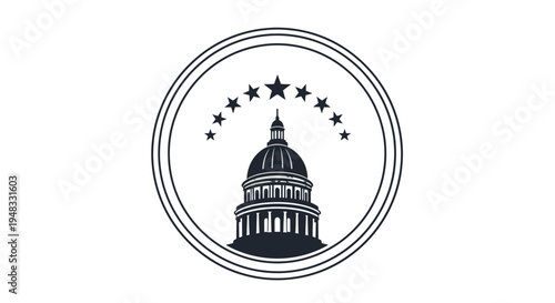 A stylized logo featuring a capitol building with a dome and columns, encircled by a frame, and seven stars arcing above it, presented in a monochromatic design.