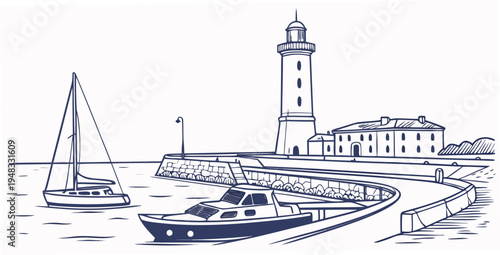 a boat and a lighthouse by the sea Vector