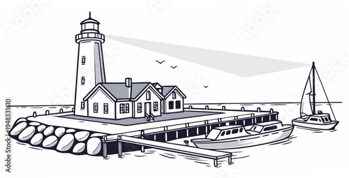 a black and white drawing of a lighthouse on a rocky coastline Vector