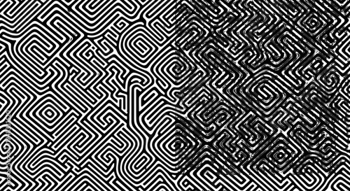Abstract black and white seamless geometric pattern featuring a labyrinthine circuit design with maze lines and vector textures for a modern fabric backdrop or wallpaper tile