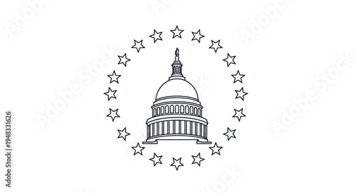 A line art illustration of a domed capitol building surrounded by a circle of stars on a white background, symbolizing government and unity.