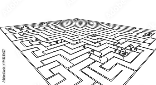 A complex, intricate two-dimensional maze viewed from an elevated perspective, showcasing its numerous paths and turns in a graphic style.