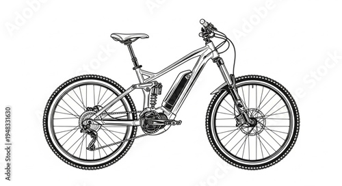 Detailed line drawing of a modern electric mountain bike.