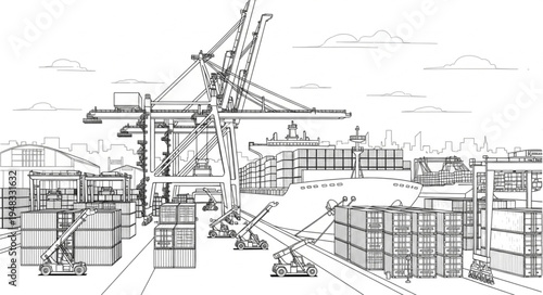 Detailed Sketch of a Busy Shipping Port with Cranes and Containers.