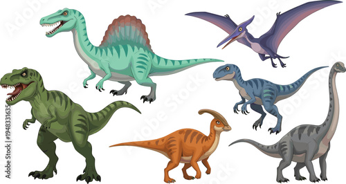 Dinosaur collection set including tyrannosaurus spinosaurus velociraptor pterosaur parasaurolophus and brachiosaurus prehistoric animals vector illustration