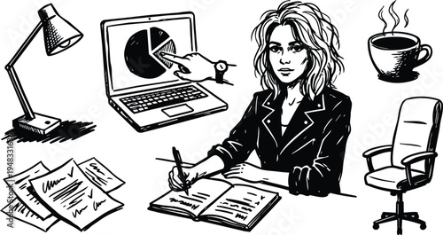 Ink sketch close up business woman writing in notebook at desk with laptop pointing pie chart and coffee swivel chair