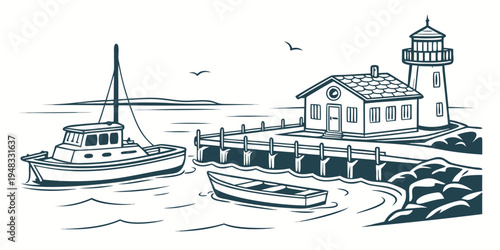 a boat sailing near a lighthouse and a pier Vector