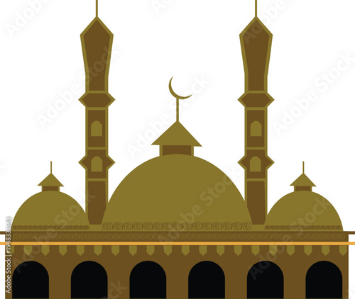Minimal Islamic mosque silhouette icon featuring golden domes, crescent moon, and minarets on a clean white background. Elegant flat vector illustration suitable for Ramadan, Eid Mubarak, Islamic even