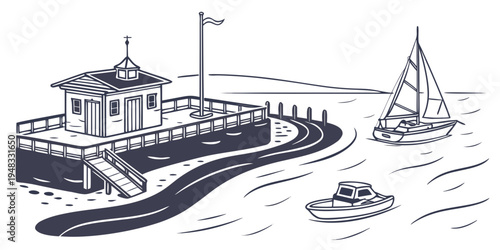 a small boat and a sailboat near a pier Vector