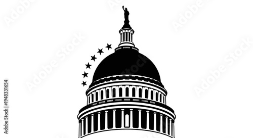 Black and white illustration of the iconic United States Capitol Building dome with the Statue of Freedom and a curved arc of seven stars.