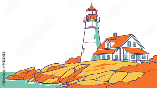 a lighthouse on a rocky coastline with a house Vector