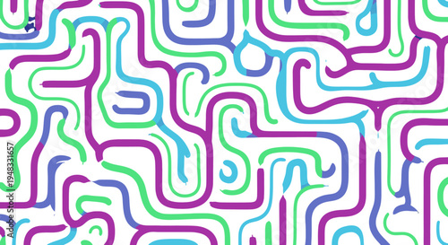 An abstract, seamless pattern featuring a complex network of winding, rounded lines in vibrant purple, green, and blue colors on a clean white background, resembling a stylized maze or circuit.