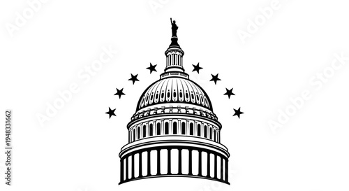 Detailed black and white illustration of the United States Capitol Building with its iconic dome and columns, surrounded by a ring of stars, symbolizing government and democracy.