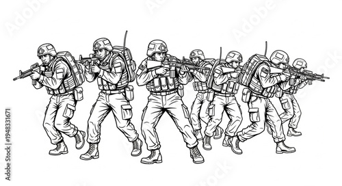 Line of Soldiers Advancing with Rifles in a Military Formation.