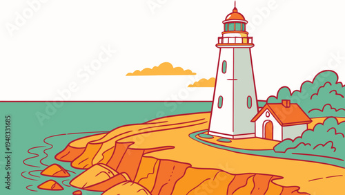 a lighthouse on a rocky cliff by the sea Vector