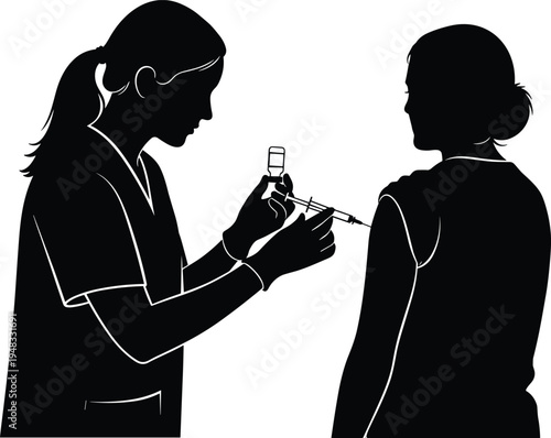 Nurse giving vaccine injection to patient silhouette, healthcare immunization and vaccination concept, medical professional administering syringe in clinic or hospital illustration