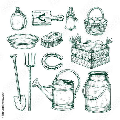 Hand Drawn Farm Tools Collection Engraving Line Art Vector