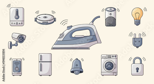 A variety of connected home devices and appliances are depicted