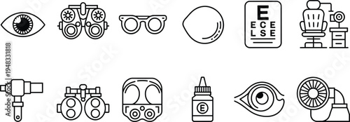 Optometry and ophthalmology line icon set, eye test equipment symbols, vision care medical collection, ophthalmologist tools flat vector illustration