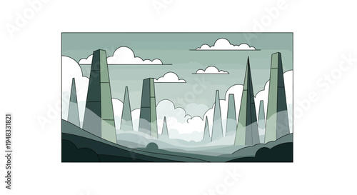 Ethereal landscape with abstract geometric spires piercing misty clouds