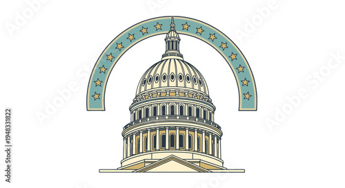 An illustration of the United States Capitol Building with an arched banner of stars above its dome, depicting a classic architectural landmark.