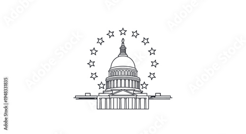 Line art drawing of the United States Capitol building with a circular arrangement of stars surrounding its dome, depicted in black and white.
