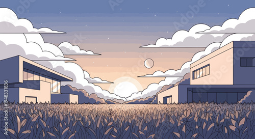 Modern homes sit amidst tall grass under a twilight sky with clouds and stars