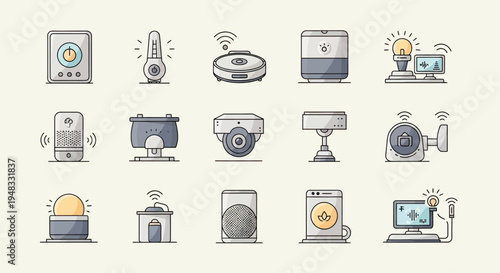 Flat icons of various smart home devices and technologies