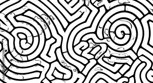 Abstract black and white pattern resembling an intricate maze or circuit board with both angular and spiral lines and subtle organic textures.