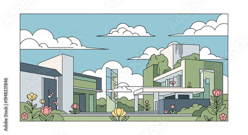 Modern minimalist architecture with gardens and clouds