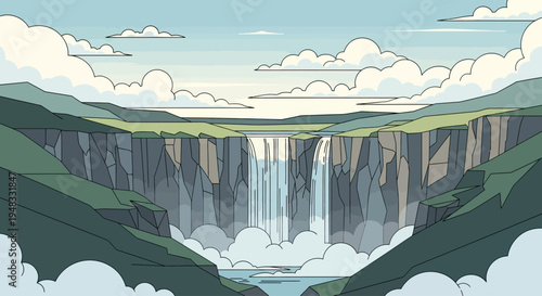 A majestic waterfall cascades down a sheer cliff face into a misty abyss